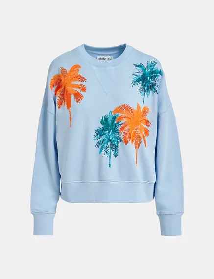 Light blue organic cotton sweatshirt with sequin and bead embroideries