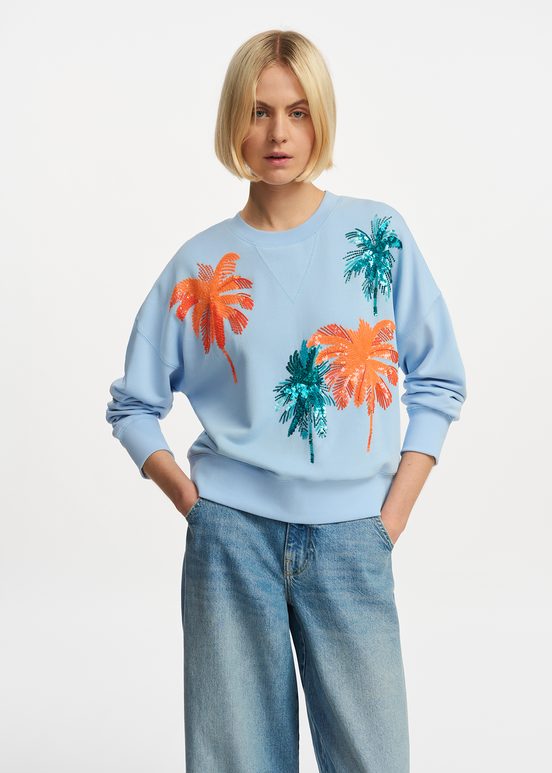 Light blue organic cotton sweatshirt with sequin and bead embroideries