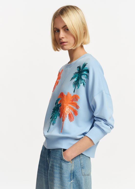 Light blue organic cotton sweatshirt with sequin and bead embroideries