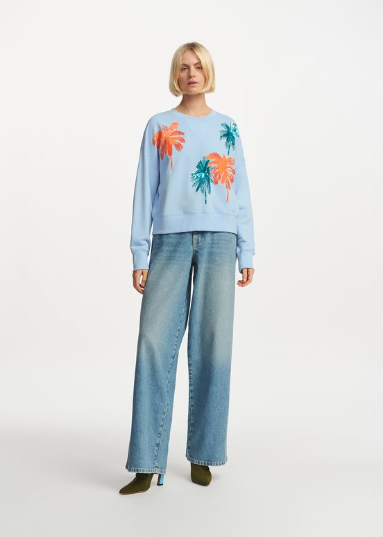 Light blue organic cotton sweatshirt with sequin and bead embroideries