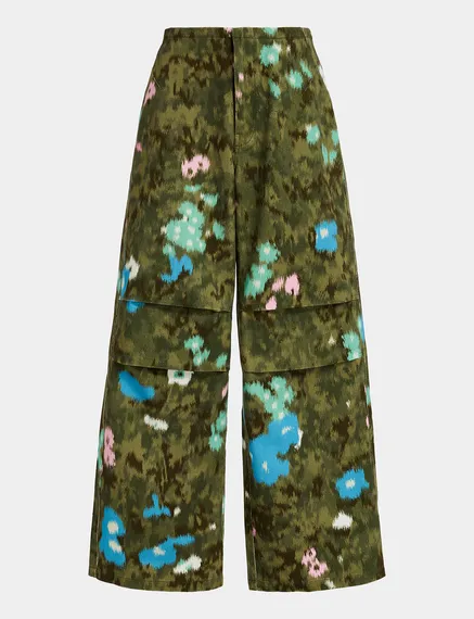 Khaki floral print cotton cargo pants