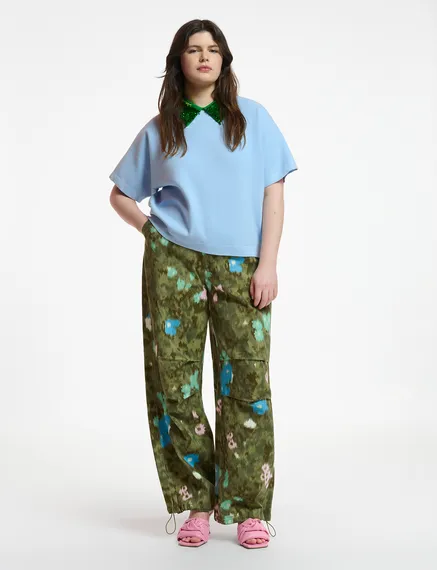 Khaki floral print cotton cargo pants