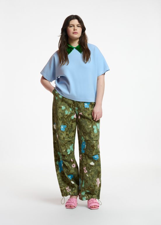 Khaki floral print cotton cargo pants