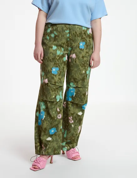 Khaki floral print cotton cargo pants