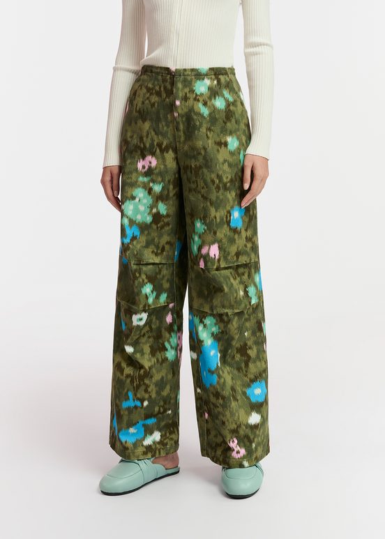 Khaki floral print cotton cargo pants