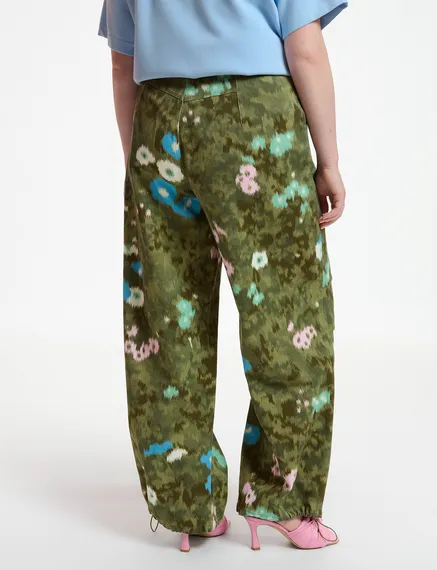 Khaki floral print cotton cargo pants