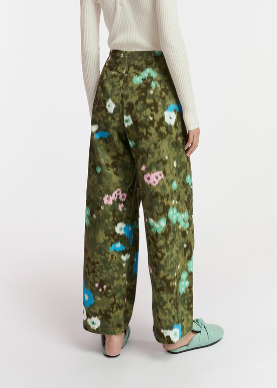 Khaki floral print cotton cargo pants