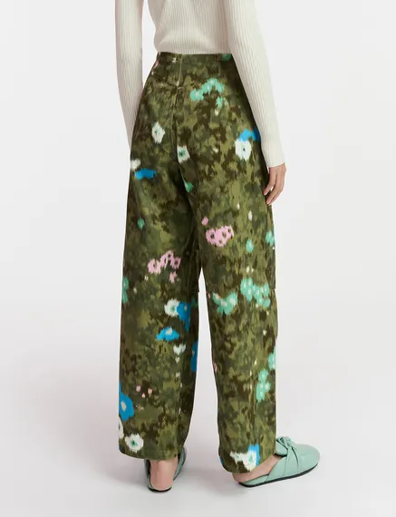 Khaki floral print cotton cargo pants