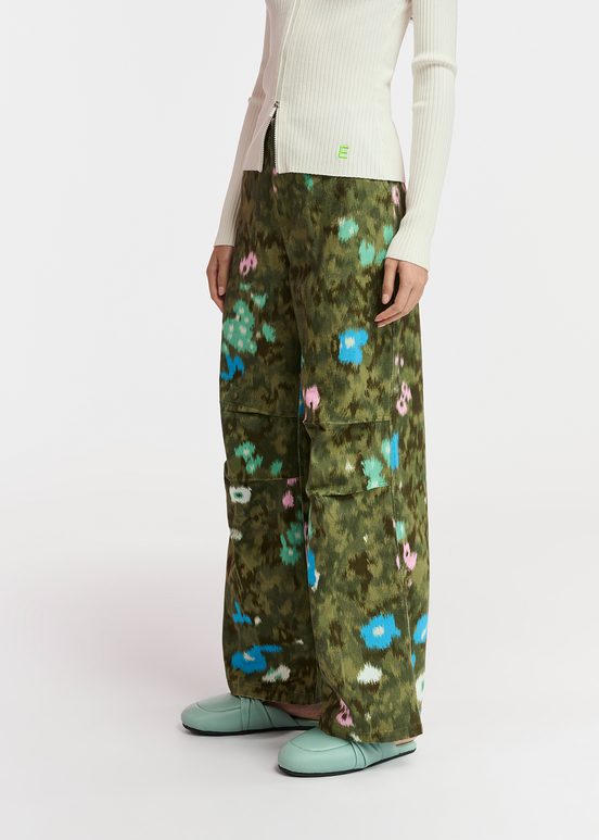 Khaki floral print cotton cargo pants