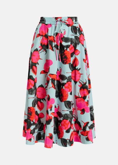 Light blue midi-length A-line skirt with floral print