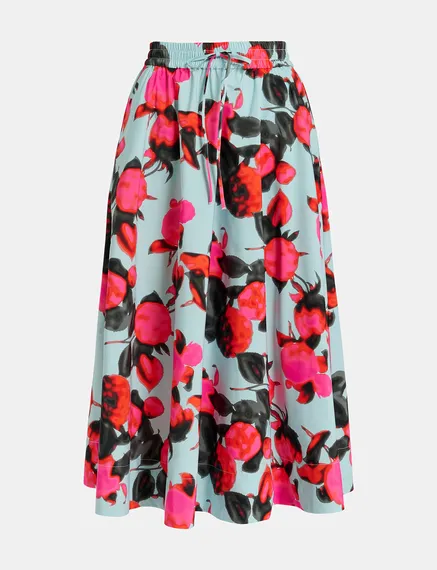 Light blue midi-length A-line skirt with floral print