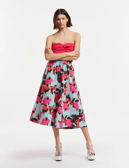 Light blue midi-length A-line skirt with floral print