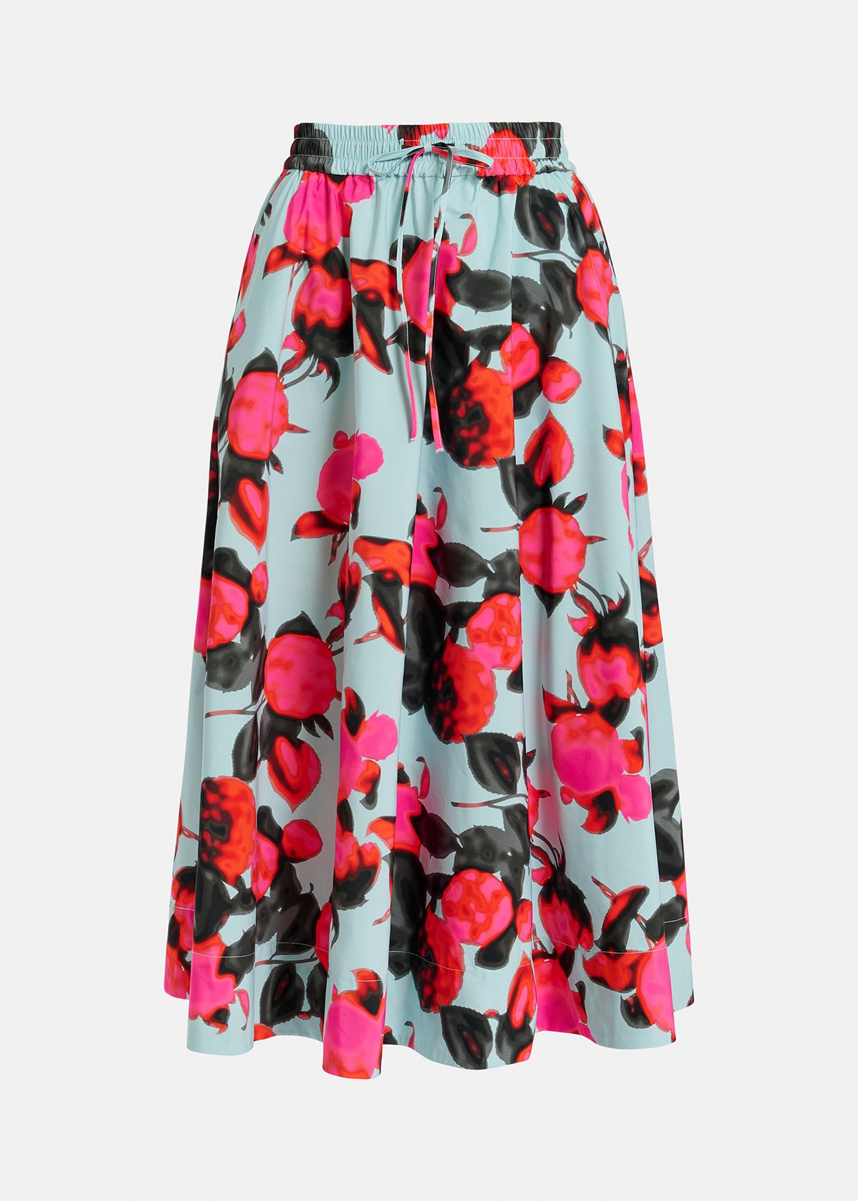 Light blue midi-length A-line skirt with floral print