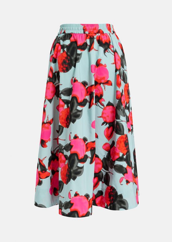 Light blue midi-length A-line skirt with floral print