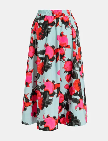 Light blue midi-length A-line skirt with floral print