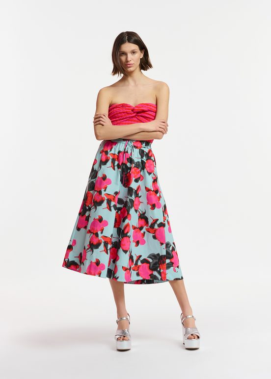 Light blue midi-length A-line skirt with floral print