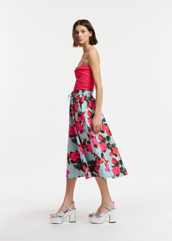 Light blue midi-length A-line skirt with floral print