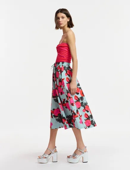 Light blue midi-length A-line skirt with floral print