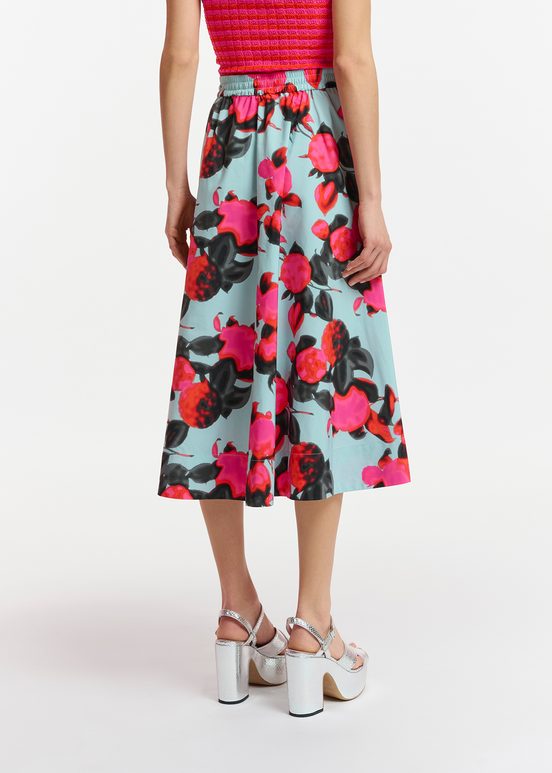 Light blue midi-length A-line skirt with floral print