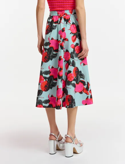 Light blue midi-length A-line skirt with floral print