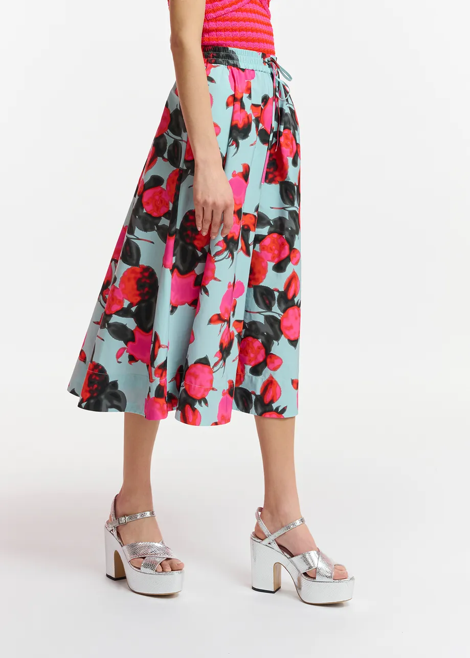 Light blue midi-length A-line skirt with floral print