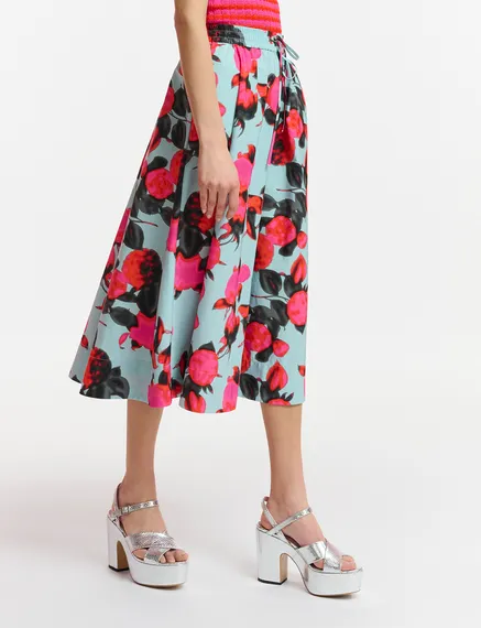 Light blue midi-length A-line skirt with floral print