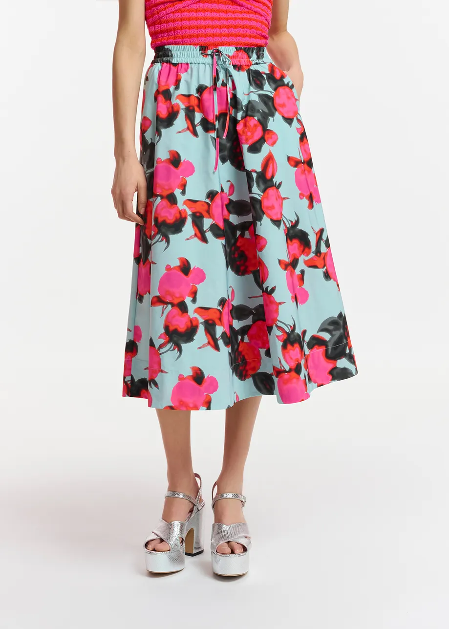 Light blue midi-length A-line skirt with floral print