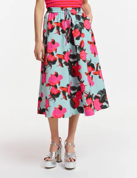 Light blue midi-length A-line skirt with floral print