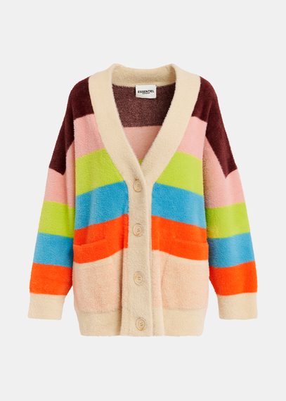 Cardigan a righe multicolore in maglia lanuginosa