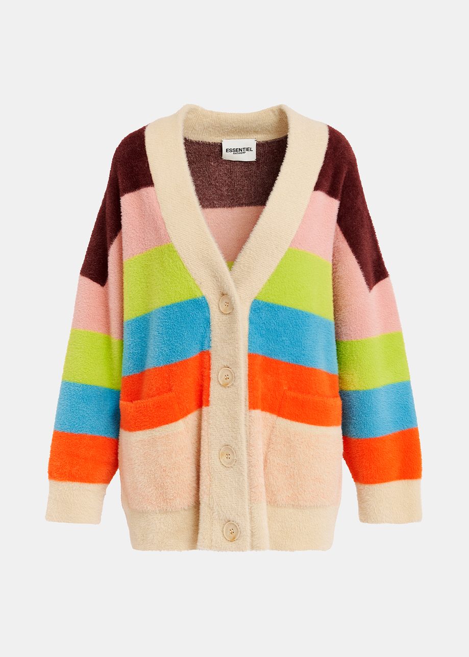 Cardigan a righe multicolore in maglia lanuginosa