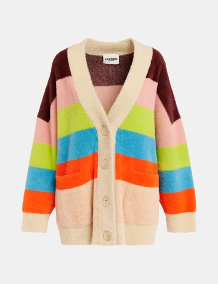 Multicolor striped fuzzy knitted cardigan