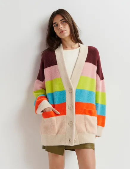 Cardigan a righe multicolore in maglia lanuginosa