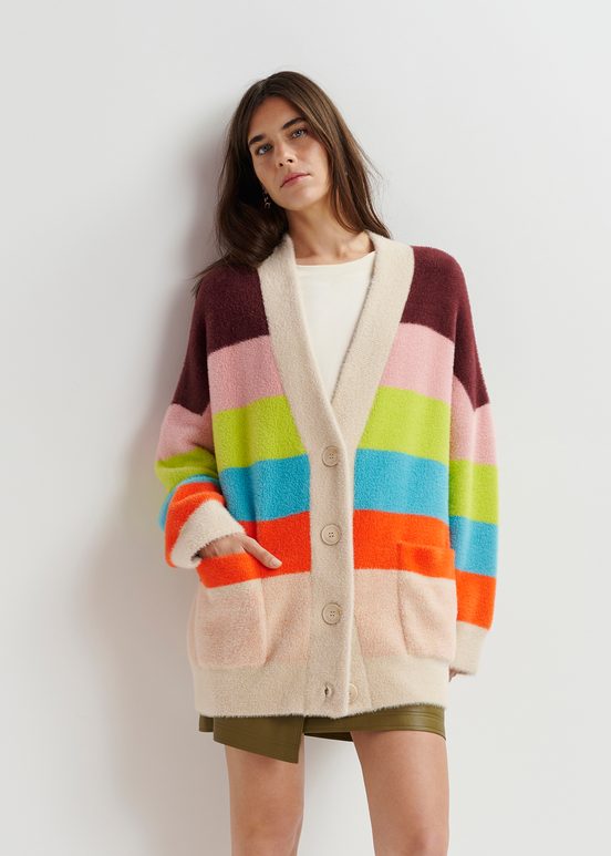 Cardigan à rayures multicolore en tricot pelucheux