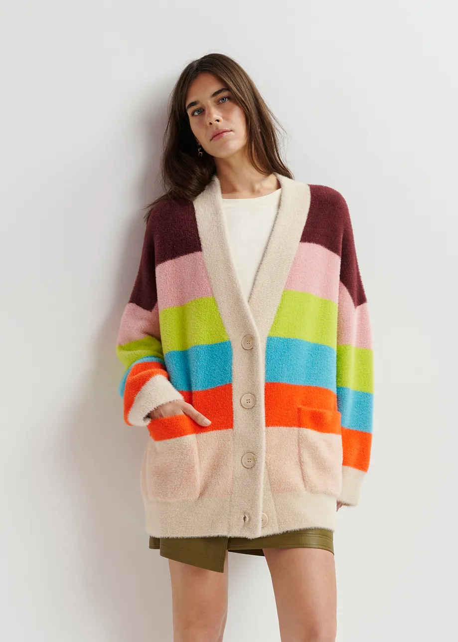 Multicolor striped fuzzy knitted cardigan