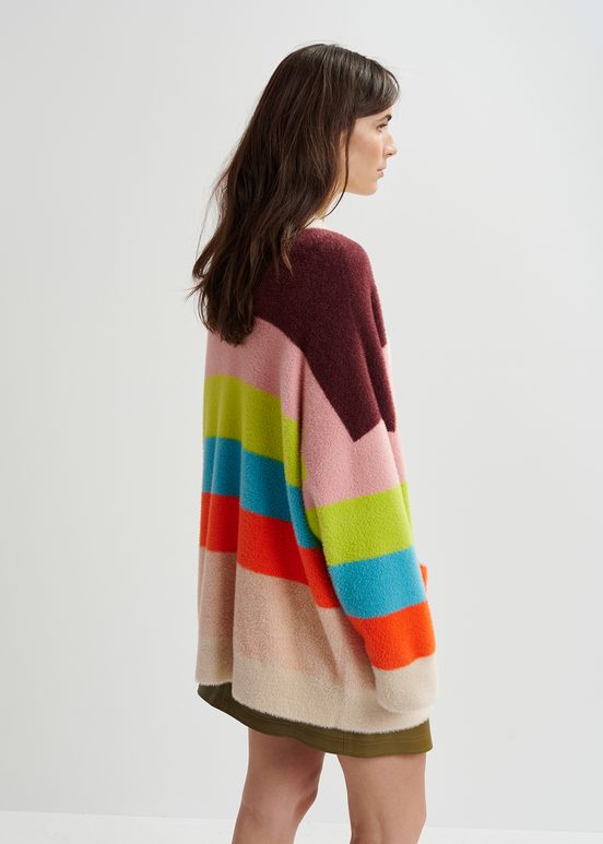 Cardigan à rayures multicolore en tricot pelucheux