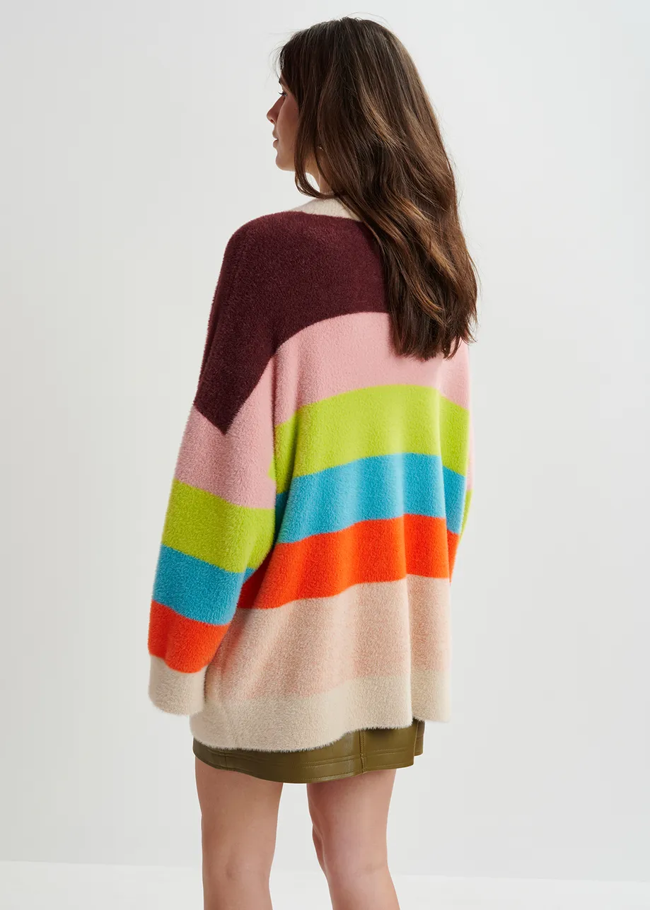 Multicolor striped fuzzy knitted cardigan