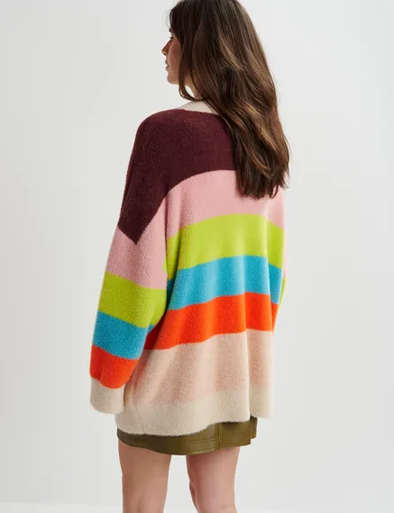 Cardigan à rayures multicolore en tricot pelucheux