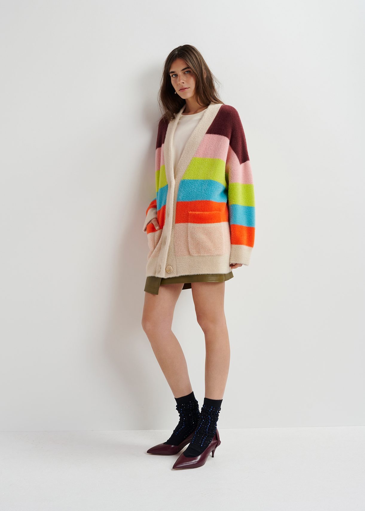 Multicolor striped fuzzy knitted cardigan | Essentiel