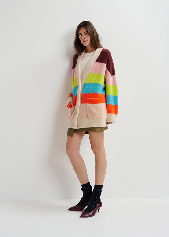 Multicolor striped fuzzy knitted cardigan