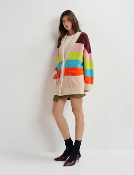 Multicolor striped fuzzy knitted cardigan