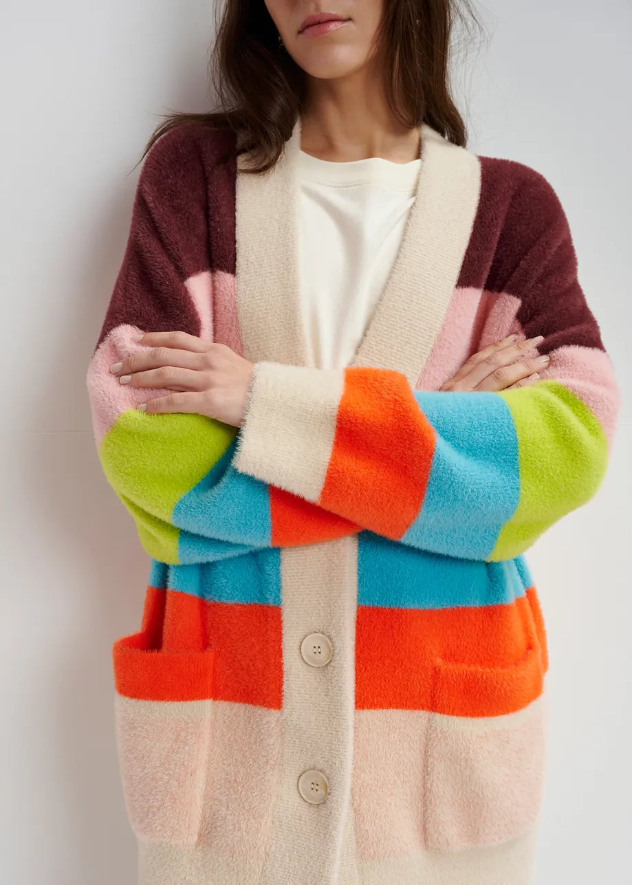 Multicolor striped fuzzy knitted cardigan