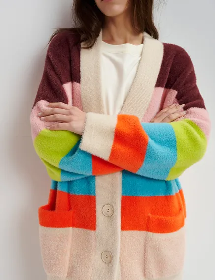 Cardigan a righe multicolore in maglia lanuginosa