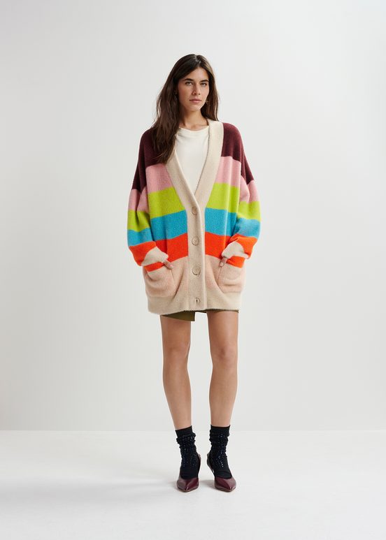 Multicolor striped fuzzy knitted cardigan