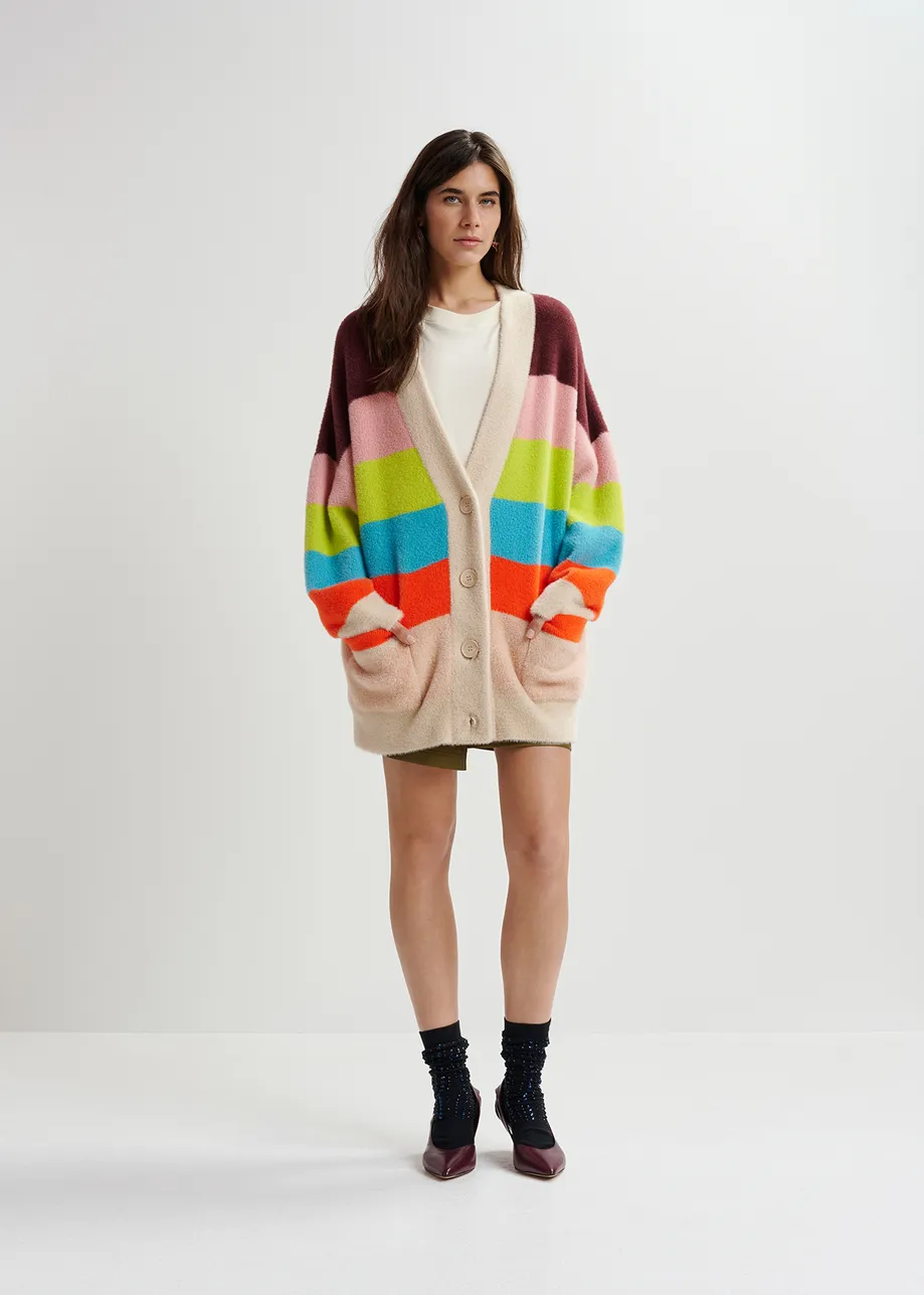 Multicolor striped fuzzy knitted cardigan