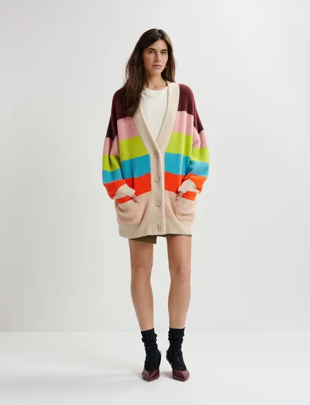 Cardigan a righe multicolore in maglia lanuginosa