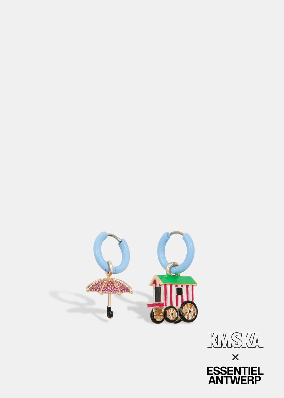 Blue hoop earrings with umbrella and bathing hut pendants - collaboration with KMSKA