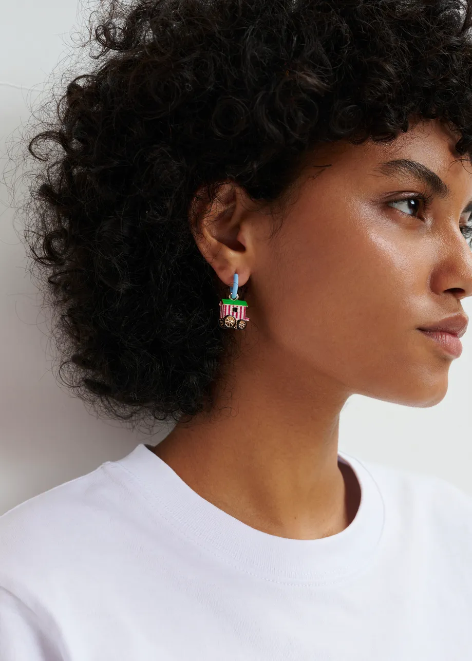 Blue hoop earrings with umbrella and bathing hut pendants - collaboration with KMSKA