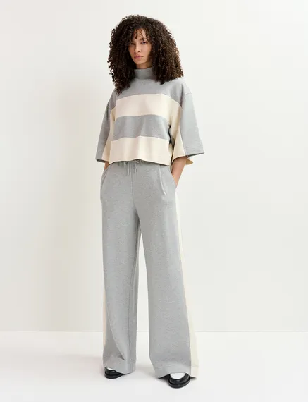 Pantalon large gris à rayures blanc cassé