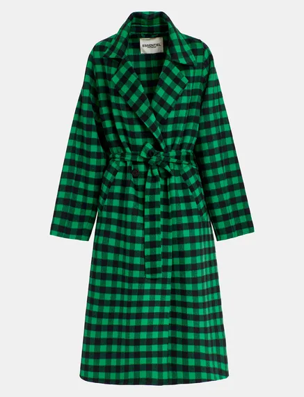 Green and navy blue checked wool coat