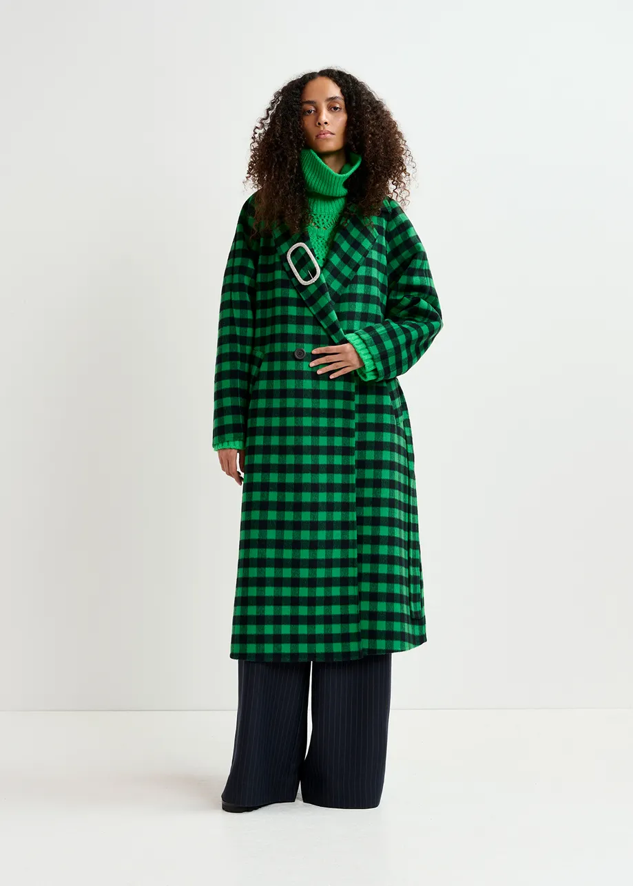 Green and navy blue checked wool coat